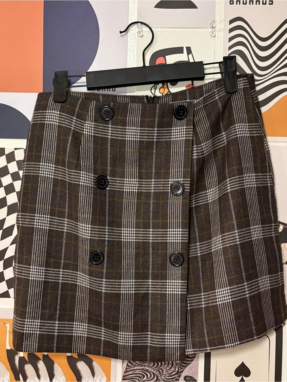 Sadie + Sage Brown Plaid Double‑Breasted Mini Skirt